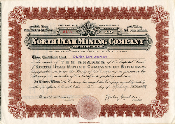 North Utah Mining Co. - Stock Certificate